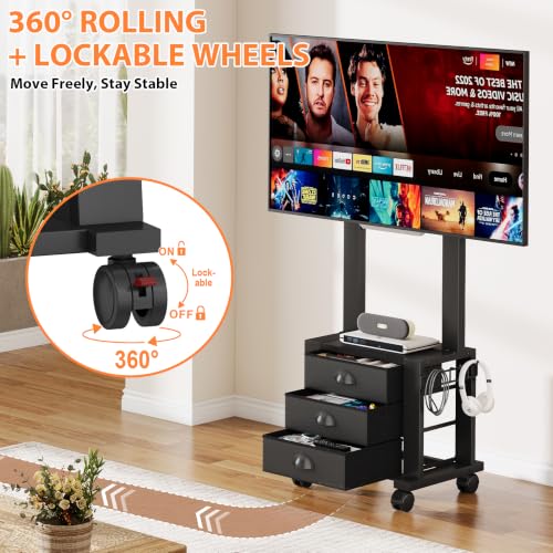 Rolling TV Stand with 3 Drawers for 23-60 Inch TVs with Storage | Hidden Storage, Height Adjustable Tilt Mount, Lockable Wheels, Dual Steel Frame, VESA Compatible for Bedroom & Living Room - size: 3 Drawers