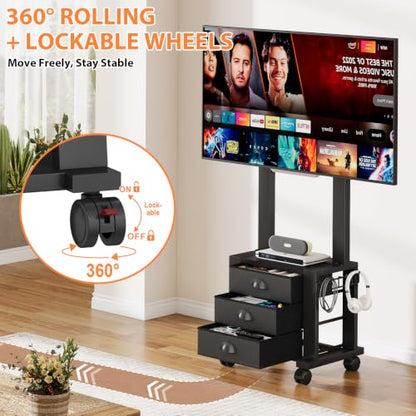 Rolling TV Stand with 3 Drawers for 23-60 Inch TVs with Storage | Hidden Storage, Height Adjustable Tilt Mount, Lockable Wheels, Dual Steel Frame, VESA Compatible for Bedroom & Living Room - size: 3 Drawers