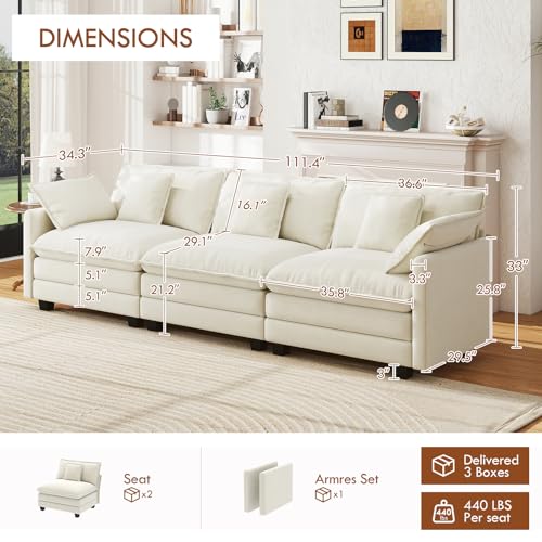 111.4" Cloud Couch, Modular Sectional Sofa, Comfy Modern 3-Seater Couches with Pillows & Upholstered Deep Seat Cushion for Living Room Bedroom Apartment (Beige) - color: Beige, size: 111.4" Sofa