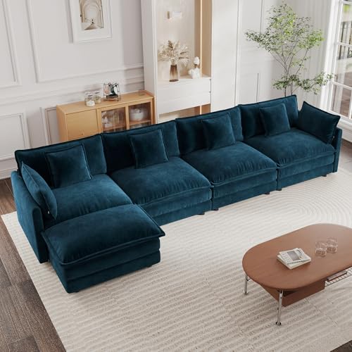 Modular Sectional Sofa, 146.5 Inch L Shaped Couch Set for Living Room, 4-Seater Comfy Cloud Couches with Movable Ottoman, DIY Combination, Chenille, Blue - color: Blue, size: 146.5 Inch- L