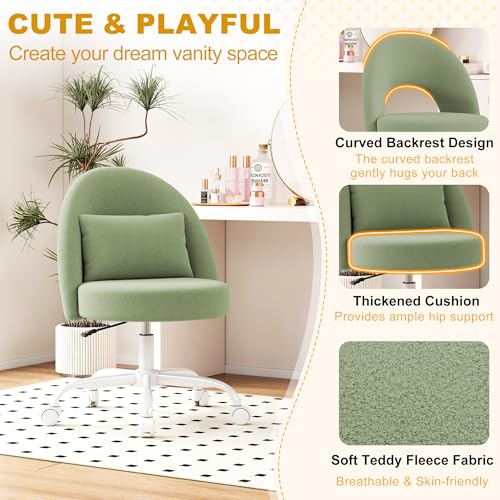 Misolant Vanity Chair with Back, Armless Cute Office Chair with Wheels for Girls, Teddy Fleece Fabric Small Desk Chairs with Adjustable Height, Lumbar Support Pillow, 360°Swivel for Makeup Room, Green - color: Green
