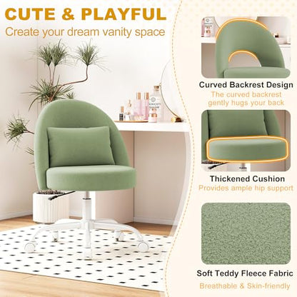 Misolant Vanity Chair with Back, Armless Cute Office Chair with Wheels for Girls, Teddy Fleece Fabric Small Desk Chairs with Adjustable Height, Lumbar Support Pillow, 360°Swivel for Makeup Room, Green - color: Green