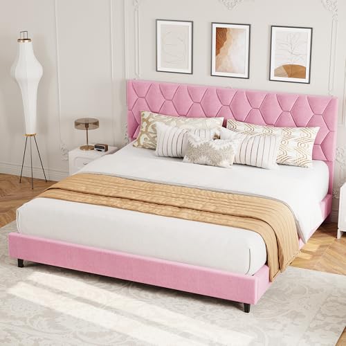 GAOMON Bed Frame with Upholstered Headboard, Heavy-Duty Platform Bed Frame with Strong Wood Slats, No Box Spring Needed/Noise Free/Easy Assembly,King,Pink | Heavy-Duty Bed Frame with Wooden Slats Support Upholstered Mattress Foundation No Box Spring Neede