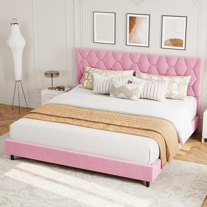 GAOMON Bed Frame with Upholstered Headboard, Heavy-Duty Platform Bed Frame with Strong Wood Slats, No Box Spring Needed/Noise Free/Easy Assembly,King,Pink | Heavy-Duty Bed Frame with Wooden Slats Support Upholstered Mattress Foundation No Box Spring Neede