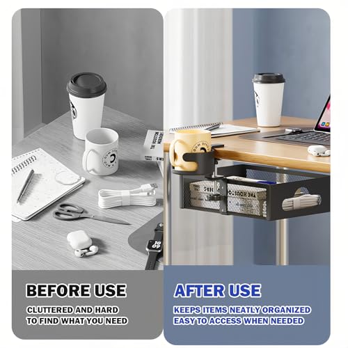 Cup Holder Under Desk Drawer 360° Swivel C-clamp Mounting Mesh Storage Box Spill-proof Easy Install Table Management Tray