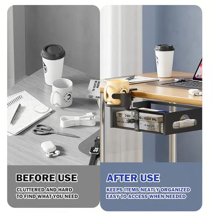 Cup Holder Under Desk Drawer 360° Swivel C-clamp Mounting Mesh Storage Box Spill-proof Easy Install Table Management Tray
