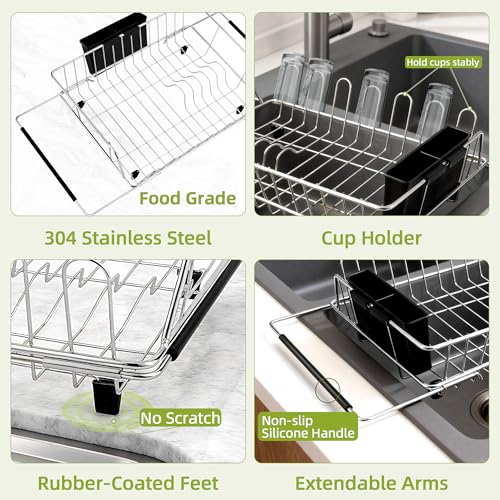 in Sink Expandable Dish Drying Rack with Silicone Mat-Extra Large Stainless Steel Dish Drainer Over The Sink with Utensil Holder, Applicable for Sink Width 16'-22' (Silver,23.2'*12.2') - color: Silver, size: In sink,Large