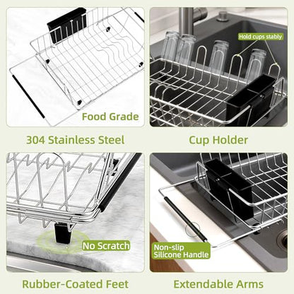 in Sink Expandable Dish Drying Rack with Silicone Mat-Extra Large Stainless Steel Dish Drainer Over The Sink with Utensil Holder, Applicable for Sink Width 16'-22' (Silver,23.2'*12.2') - color: Silver, size: In sink,Large