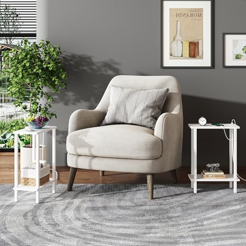 TUTOTAK Narrow Side Table, 2-Tier Small End Table with Charging Station | Skinny Sofa Table, Slim Nightstand, Easy Assembly for Living Room, Bedroom, White TB01BW060 - color: White, size: 2-tier