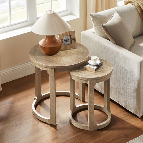 24" Round Nesting Coffee Table Set of 2, Solid Wood Coffee Tables Mid Century Rustic Farmhouse Side End Tea Table for Living Room, Apartment (Light Brown) - color: 24" Light Brown
