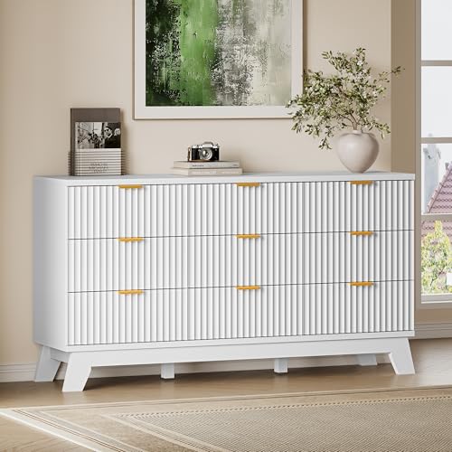 BORNOON Fluted 9 Drawer Dresser, 57.1" Wide Modern Boho Chest of Drawers, Wooden Storage Dresser TV Stand for Bedroom, Living Room, Closet, Hallway, Curved Profile Design - color: Pure White, size: 9 Drawers