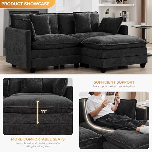 76'' Cloud Deep Seat Loveseat Sofa, Upholstered Chenille Modular 2-Seats Sectional Sofa Couch with Movable Ottoman, Modern Comfy Settee Loveseat for Living Room Set, Small Apartment, Dark Grey - color: Dark Grey, size: 76'' L Shape