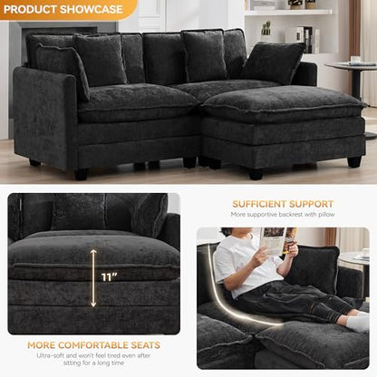 76'' Cloud Deep Seat Loveseat Sofa, Upholstered Chenille Modular 2-Seats Sectional Sofa Couch with Movable Ottoman, Modern Comfy Settee Loveseat for Living Room Set, Small Apartment, Dark Grey - color: Dark Grey, size: 76'' L Shape