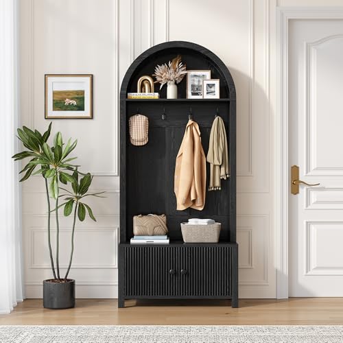 Hall Tree with Bench and Shoe Storage, 4-in-1 Mudroom Entryway Coat Rack & Farmhouse Style Furniture Organizer, Shoe Storage Cabinet with 4 Hooks for Living Rooms, Foyer, Black - color: Black-1