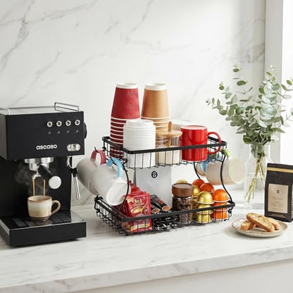 Coffee Mug Holder, Metal Cup Holder Rack with 2 Tier Storage Base, Coffee Mug Holder for Countertop Kitchen Storage Tea Kcup with 4 Hooks - color: 2-Tier (Wire Basket)