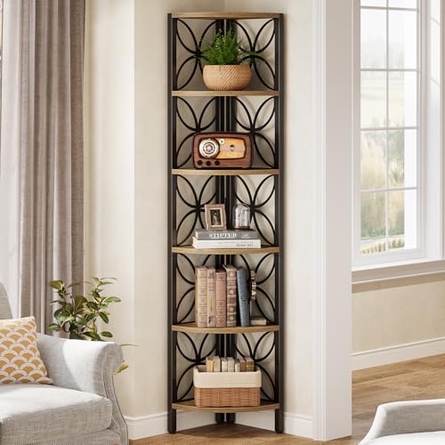 Tribesigns 6-Tier Corner Shelf | Industrial 70.9" Rustic Corner Bookshelf for Living Room, Wooden Shelving for Bedroom, Kitchen, Small Place, Rsutic Brown - color: Rsutic Brown