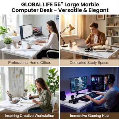 55 inch Computer Desk, White Metal Frame, Marble Grain | Wood, Modern Simple Style, For Home Office, Bedroom, Study, Student Writing Desk, Small Spaces - color: Marble, size: 55"