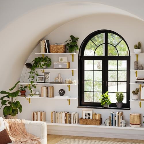 Long Wall Shelves, 31.5Inch Wooden Wall Mounted Shelves, Set of 4 | Large Floating Book Shelf, Metal Brackets, Easy Assembly, Max Load 22lbs, Wall Storage Ledges, Bedroom/Bathroom, White & Gold - color: White and Gold, size: 31.5 Inch (4 Pack)