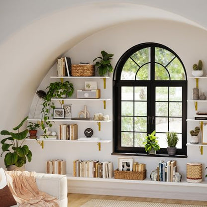 Long Wall Shelves, 39.4Inch Wooden Wall Mounted Shelves, Set of 4 | Large Floating Book Shelf, Metal Brackets, Easy Assembly, Max Load 33lbs, Wall Storage Ledges, Bedroom/Bathroom, White & Gold - color: White and Gold, size: 39.4 Inch (4 Pack)