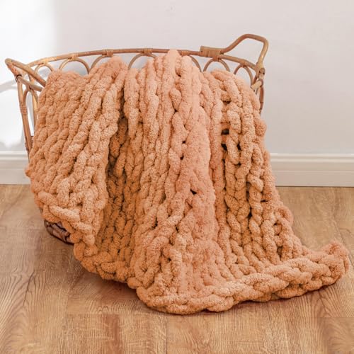 WESHIONGOO Chunky Knit Blanket Throw for Couch Bed 40"*40" Peach Fuzz | 100% Handmade Knitted Throw Blanket Fluffy Soft Blanket with Jumbo Chenille Yarn Thick - color: Peach Fuzz, size: 40"x40"(Small Size Throw)