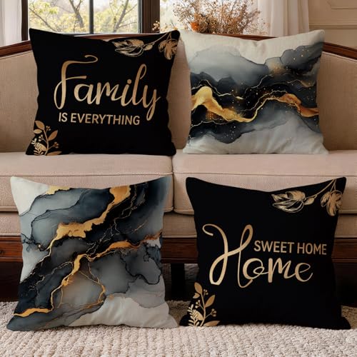 OBSEDE Black Gold Marble Sweet Home Throw Pillow Covers 18 x 18 Set of 4 | Decorative Faux Linen, Elegant Family Quotes Pattern, Cozy Sofa Bed Cushion Cases, Modern Home Accent, Housewarming Gift Idea - color: Black Gold Marble Sweet Home, size: 18" x 18"