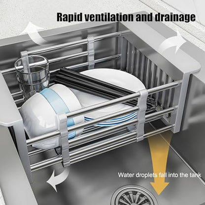 Extend Kitchen Sink Drain Basket, Adjustable Length 11.42-18.7in, Stainless Steel Dish Drying Rack for Kitchen, Retractable Over The Sink Drainer for Dishes, Fruits, Vegetables (Black) - color: Black