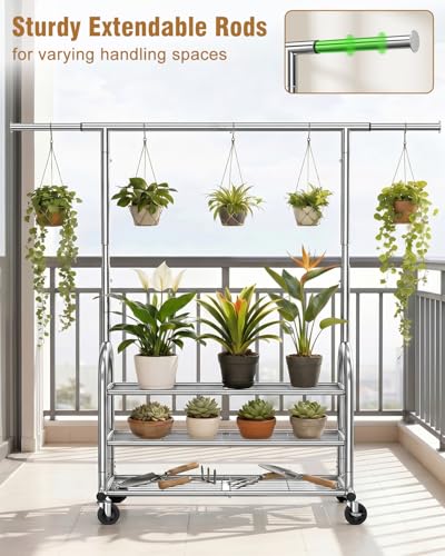 Heavy Duty Clothes Rack for Hanging Clothes Load 688 LBS, Height Adjustable Rolling Clothing Racks, Portable Metal Coat Rack Garment Wardrobe with Wheels and 3 Shelves for Bedroom, Silver - color: Silver, style: 3 Shelves