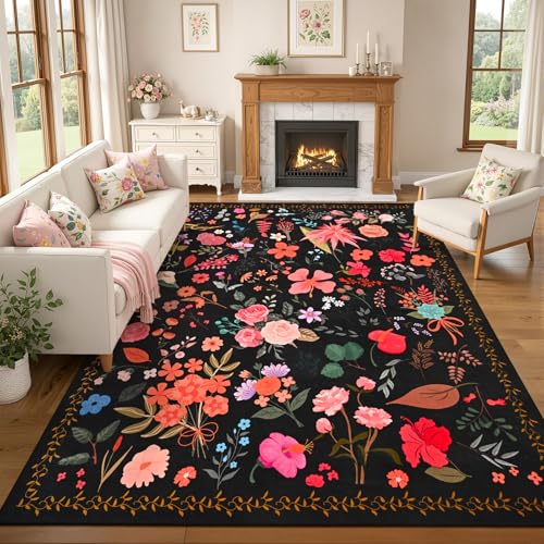 ISEAU 6x9 Area Rug for Living Room,Washable Rugs for Bedroom Dorm, Black | Floral Rugs with Non-Slip Botton, Low-Pile Indoor Carpet for Bedroom Kids Playroom Nursery Office Dining Room Dorm Decor - color: Black, size: 6ftx9ft