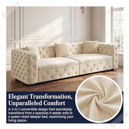 89" 4-Seater Queen Size Pull Out Sofa Bed with 3 Pillows, Beige | 4-Seater Classic Velvet Sofa with Tufted Design,3 Pillows,89" Extra Large 3-in-1 Pull Out Sofa - color: Q-beige-0w3