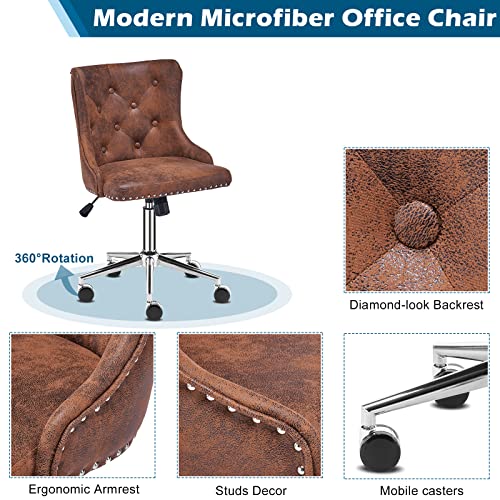 VINGLI Rustic Microfiber Armless Home Office Desk Chair with Silver Base/Wheels, Small Cute Vanity/Makeup Chair with Back for Bedroom, Upholstered Adjustable Rolling Swivel Nail Chair for Women/Girls - color: Rustic-microfiber