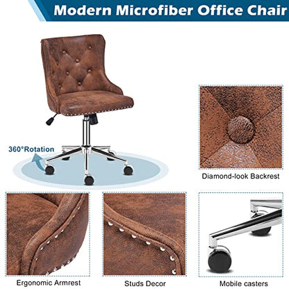 VINGLI Rustic Microfiber Armless Home Office Desk Chair with Silver Base/Wheels, Small Cute Vanity/Makeup Chair with Back for Bedroom, Upholstered Adjustable Rolling Swivel Nail Chair for Women/Girls - color: Rustic-microfiber