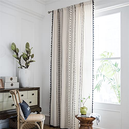 Deeprove Boho Curtains 84 Inches Long, Cream White and Black Bohemian Geometric Print with Tassel, Cotton Linen Semi-Blackout Window Fringe Drape for Bedroom Living Room, Rod Pocket, 1 Panel, 59"x84" - color: Cream & Black Boho, size: 59"W x 84"L (Pack of