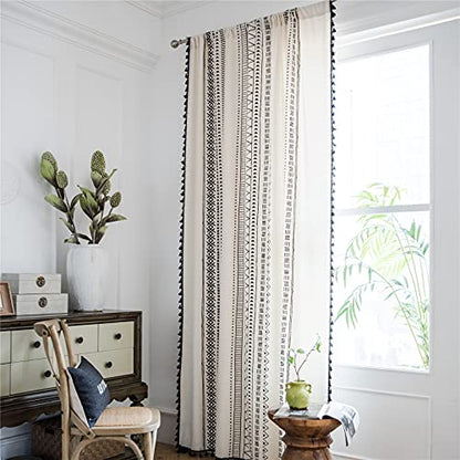 Deeprove Boho Curtains 84 Inches Long, Cream White and Black Bohemian Geometric Print with Tassel, Cotton Linen Semi-Blackout Window Fringe Drape for Bedroom Living Room, Rod Pocket, 1 Panel, 59"x84" - color: Cream & Black Boho, size: 59"W x 84"L (Pack of