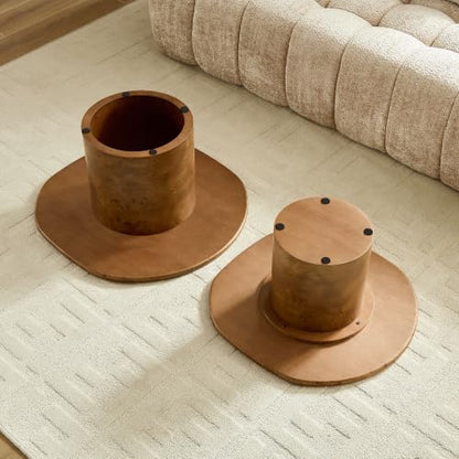 Nesting Coffee Table Set of 2 with Sintered Tabletop, Walnut | 29.13" & 23.38" Modern Irregular Kitchen Table, Burl Wood Veneer, Sturdy MDF Pedestal Base for living Room, Easy Assembly - color: 29.13" & 23.38", Walnut