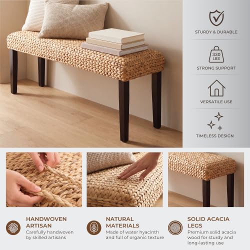 Solid Acacia Wood Entryway Bench with Water Hyacinth Woven Seat, Black Leg | Wicker Bench Indoor for Hallway, End of Bed, Rustic Farmhouse Boho Modern - color: Fishbone - Black Leg & Water Hyacinth