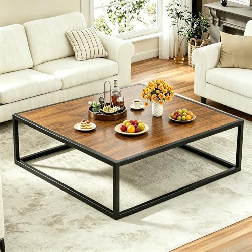 31.5" Square Coffee Table, Mid-Century Modern Brown Center Table for Living Room, Floor Table for Sitting on The Floor, Wood Cocktail Tea Contemporary Tables with Metal Frame for Office Apartment Home - color: 31.5"d Square Brown