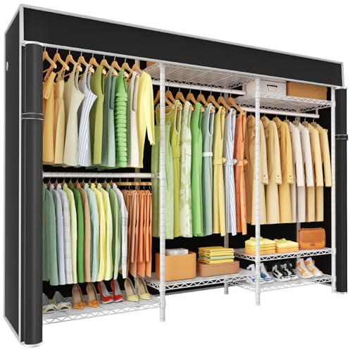E13C Heavy Duty Closet Organizer System，Freestanding Clothing Racks for Hanging Clothes，Adjustable Garment Rack 63" W x 16" D x 77" H Hold 960 lbs，White Clothing Rack with Black Dustproof Cover - color: White Rack With Black Cover, size: E13C