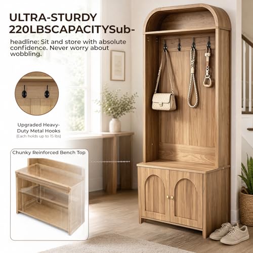 Narrow Entryway Hall Tree with Storage Bench, Modern Fluted Coat Rack and 2-Door Shoe Cabinet for Small Spaces, Arched Mudroom Organizer to Hide Clutter, Natural