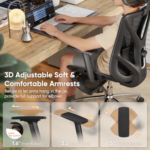 Ergonomic Office Chair with Footrest, 135° Reclining Desk Chair with Adjustable Lumbar Support,3D Armrest,Headrest & Large Steel Base, 300LBS Heavy Duty Mesh Chair - color: Onyx Black, size: 20.6X19.1X42.7~48.8 Inches