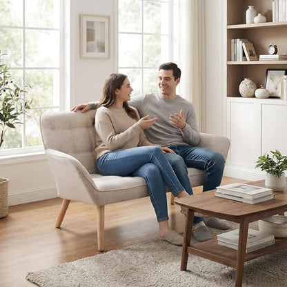 48”Small Loveseat Sofa, Modern Linen Upholstered Mini Couch 2-Seater Fluffy Love Seat with Quilting Backs and Wood Legs for Small Space Living Room, Bedroom, Beige - color: Oatmeal, size: Loveseat