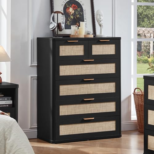 LEYAOYAO Rattan Dresser for Bedroom, 41" Tall Chest of Drawers | Gold Metal Handle, Black Modern 6 Drawers Boho Dressers with Storage for Living Room, Hallway - color: Boho Black, size: 15.5"D x 31.5"W x 41"H (6 Drawers)