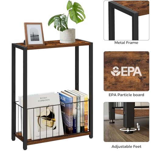 Homleke Narrow Side Table with Magazine Holder, Skinny End Table | Space-Saving Design, Small Spaces, Storage Shelf, Metal Frame, Easy Assembly, 7.1" D x 16.9" W x 23.6" H, Rustic Brown - color: Rustic Brown - Standard