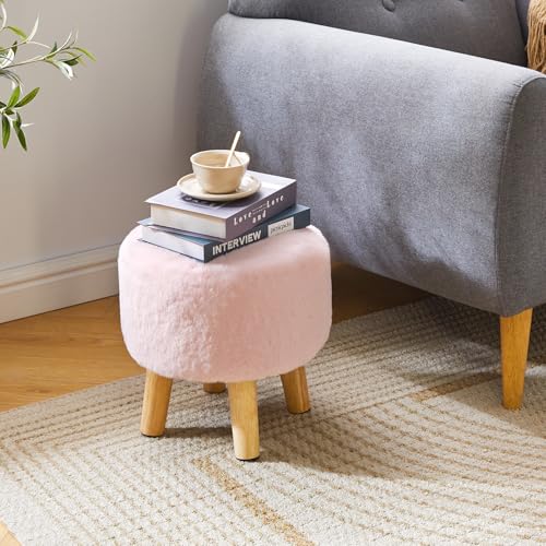 YMYNY Round Pouf Ottoman,12.6" Small Foot Stool,Pink HBD035P | Faux Fur, Wood Legs, Foot Rest for Couch, Modern Boho for Living Room Bedroom Office - color: Pink