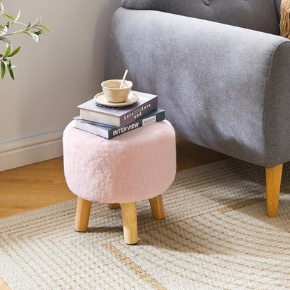 YMYNY Round Pouf Ottoman,12.6" Small Foot Stool,Pink HBD035P | Faux Fur, Wood Legs, Foot Rest for Couch, Modern Boho for Living Room Bedroom Office - color: Pink