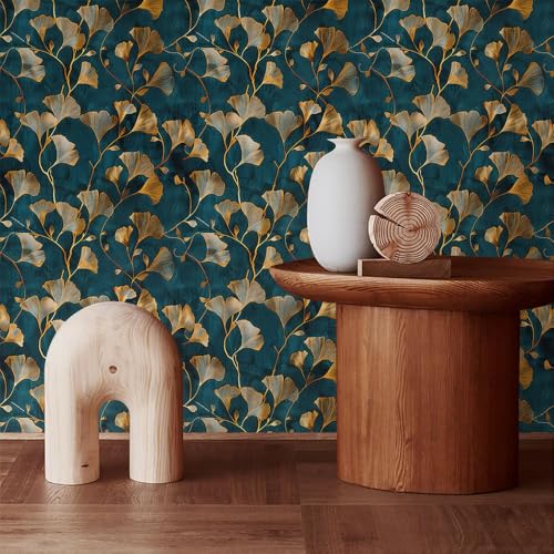 MuralPeel Teal Blue Yellow Gingko Leaf Vintage Peel and Stick Wallpaper Self Adhesive Removable Easy Peel Off Stick on Wall Paper for Bedroom Cabinet Renter