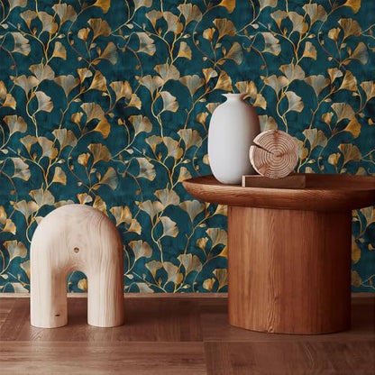 MuralPeel Teal Blue Yellow Gingko Leaf Vintage Peel and Stick Wallpaper Self Adhesive Removable Easy Peel Off Stick on Wall Paper for Bedroom Cabinet Renter