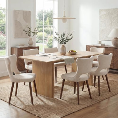 Wooden Dining Chairs Set of 6, Mid Century Dining Room Chairs with Solid Wood Legs, Upholstered Fabric Kitchen Chairs with Ergonomic Curved Backrest for Kitchen Dining Room, Beige - color: Beige, size: Set of 6
