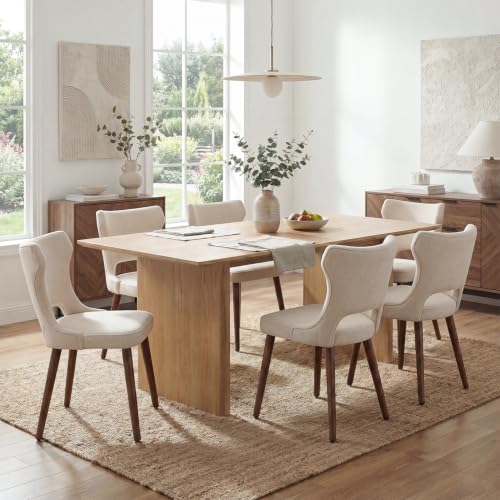 Wooden Dining Chairs Set of 6, Mid Century Dining Room Chairs with Solid Wood Legs, Upholstered Fabric Kitchen Chairs with Ergonomic Curved Backrest for Kitchen Dining Room, Beige - color: Beige, size: Set of 6