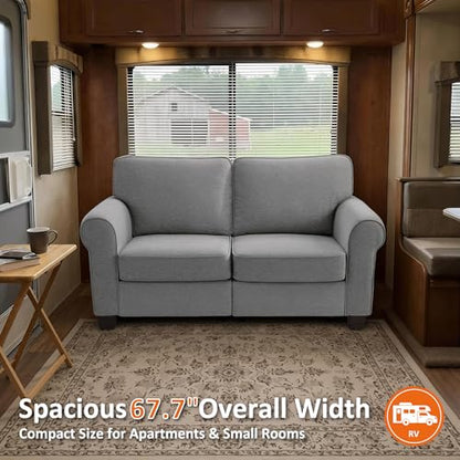 MCombo 67.7" Loveseat Sofa, 2-Seater Small Couch for Small Spaces, Classic Rolled Arm Upholstered Sofa with Solid Wood Legs for Living Room, Removable Cover, Chenille Fabric VE730 (Light Grey) - color: Light Grey