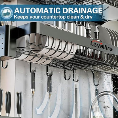 Loyalfire Over Sink Dish Drying Rack, 3 Tier Adjustable Length (20.87'' to 37.6'') Full Stainless Steel Large Storage Kitchen Dish Rack, Expandable Drainer Shelf Rack with Multifunctional Organizers - color: Black